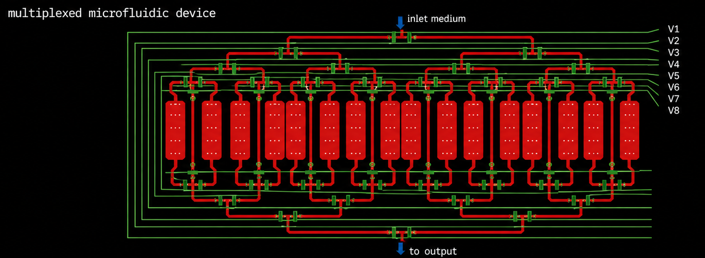 Multiplexed microfluidic device with red flow channels, eight control lines, and an addressable array of chambers between one inlet and one outlet